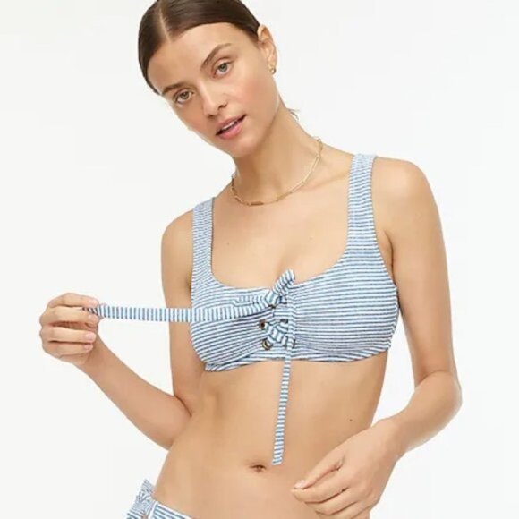 J. Crew | Lace Up Bikini Top Faded Stripe Blue White Preppy Nautical Swimwear XL - Picture 1 of 11